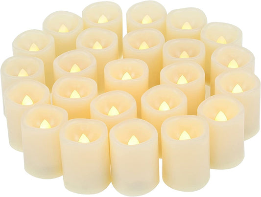 24 PCS Flameless LED Votives - Bright Flickering Battery Operated White Plastic Electric Tea Light Candles for Wedding Table Centerpieces Halloween Jack O’ Lantern Pumpkin Christmas Party Decorations